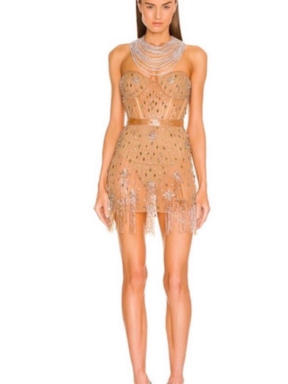 Revolve x DUNDAS Nude/Tan Beaded Fringe Mini Dress with bodysuit